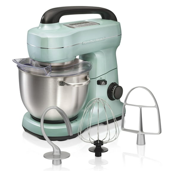 Hamilton Beach Electric Stand Mixer, 4 Quarts, Dough Hook, Flat Beater Attachments, Splash Guard, 7 Speeds with Whisk, Easy-Carry Top Handle, Aqua