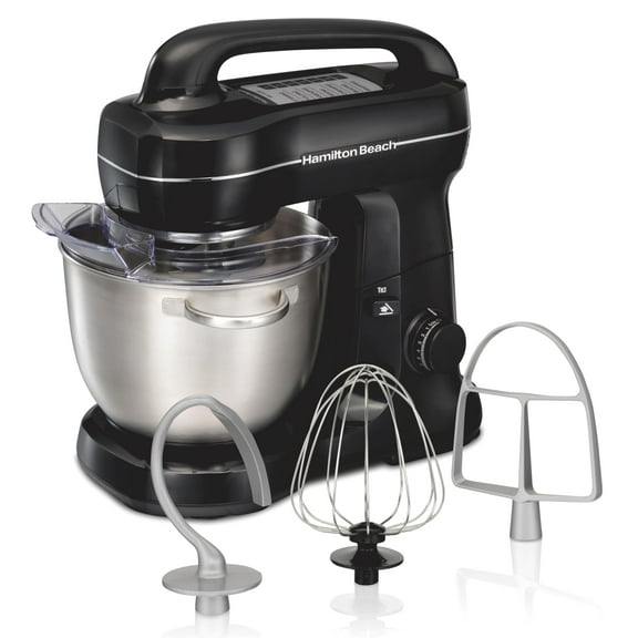 Hamilton Beach Electric Stand Mixer, 4 Quarts, Dough Hook, Flat Beater Attachments, Splash Guard 7 Speeds with Whisk, Easy-Carry Top Handle, Black