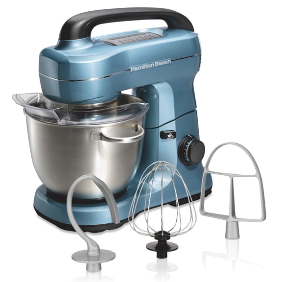 Hamilton Beach Electric Stand Mixer, 4 Quarts, Dough Hook, Flat Beater Attachments, Splash Guard, 7 Speeds with Whisk, Easy-Carry Top Handle, Blue