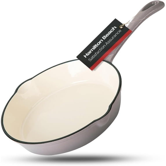 Hamilton Beach Enameled Cast Iron Fry Pan 10-Inch Gray, Cream Enamel coating, Skillet Pan For Stove top and Oven, Even Heat Distribution, Safe Up to 400 Degrees, Durable