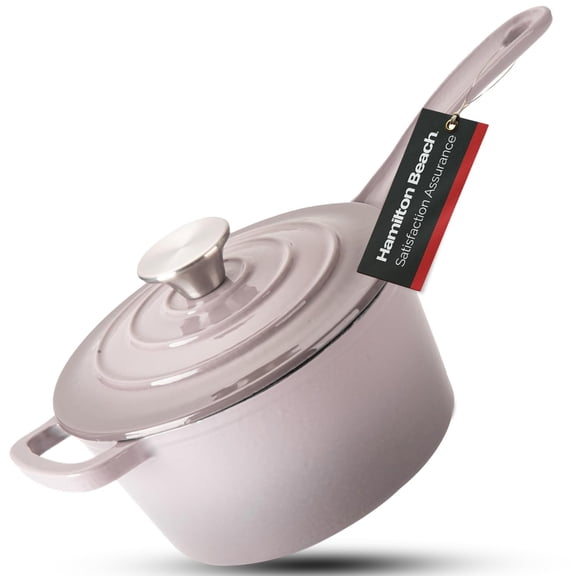Hamilton Beach Enameled Cast Iron Sauce Pan 2-Quart Gray, Cream Enamel coating, Pot For Stove top and Oven Cooking, Even Heat Distribution, Safe Up to 400 Degrees, Durable