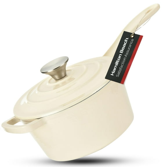 Hamilton Beach Enameled Cast Iron Sauce Pan 2-Quart Gray, Cream Enamel coating, Pot For Stove top and Oven Cooking, Even Heat Distribution, Safe Up to 400 Degrees, Durable and Dishwasher Safe