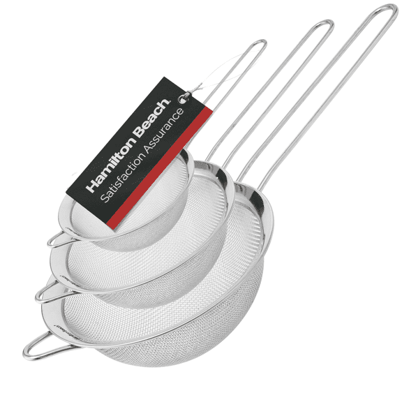 Hamilton Beach Fine Mesh Strainer - Stainless Steel Fine Mesh Sieve - Set of 3 Strainers for Baking, Pasta, Rice, Flour & Vegetable, Tea Sifter, Food Strainer with Long Handle - Perfect Kitchen Tool
