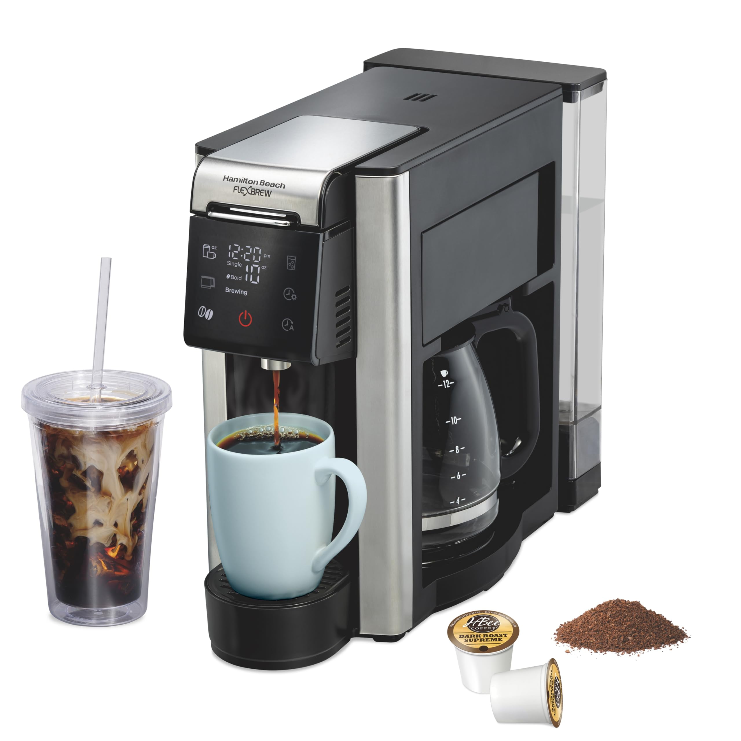 Open Box Hamilton Beach FlexBrew Advanced 5-in-1 Programmable 12 Cup Drip and Single Serve Hot & Iced Coffee Maker with Movable 60 oz. Water Reservoir, Use Pod Packs and Grounds, Fast Brewing, Black (49924)