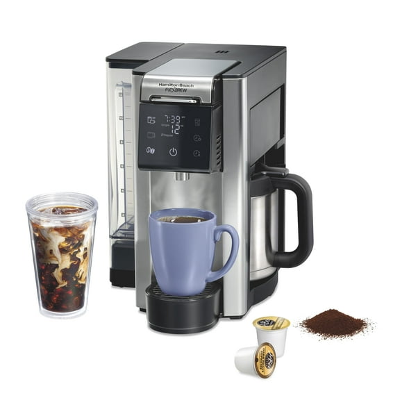 Hamilton Beach FlexBrew Advanced 5-in-1 Thermal Programmable 12 Cup Drip and Single Serve Hot & Iced Coffee Maker, Movable 60oz. Water Reservoir, Use Pod Packs and Grounds, Fast Brewing, Black (49929