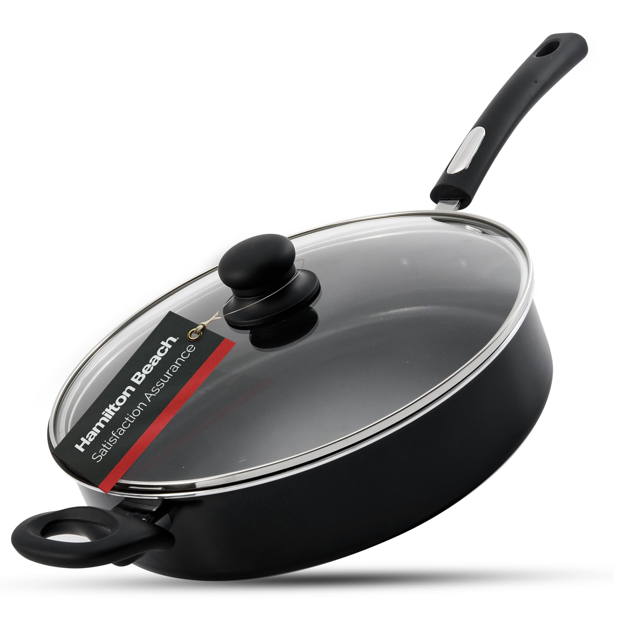 Hamilton Beach Nonstick Covered Saute Pan 11-Inch - Black Aluminum Saute Pan with Soft Touch Bakelite Handle & Glass Lid - Flared Edge - Spiral Bottom, Multipurpose Use - Durable & Dishwasher Safe