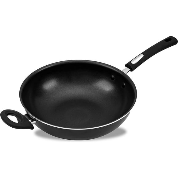 Hamilton Beach Nonstick Wok Pan 12-Inch - Black Aluminum Wok Pan with Soft Touch Bakelite Handle - Flared Edge - Spiral Bottom, Easy To Clean, Multipurpose Use - Durable & Dishwasher Safe