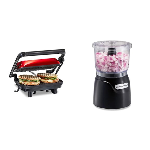 Hamilton Beach Panini Press Sandwich Maker & Electric Indoor Grill with Locking Lid & Electric Vegetable Chopper & Mini Food Processor, 3-Cup, 350 Watts, for Dicing, Mincing, and Puree