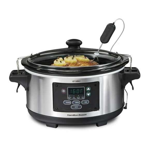 Hamilton Beach Portable 6 Quart Set & Forget Digital Programmable Slow Cooker with Lid Lock, Temperature Probe, Dishwasher Safe Crock & Lid, Stainless Steel (33969A)