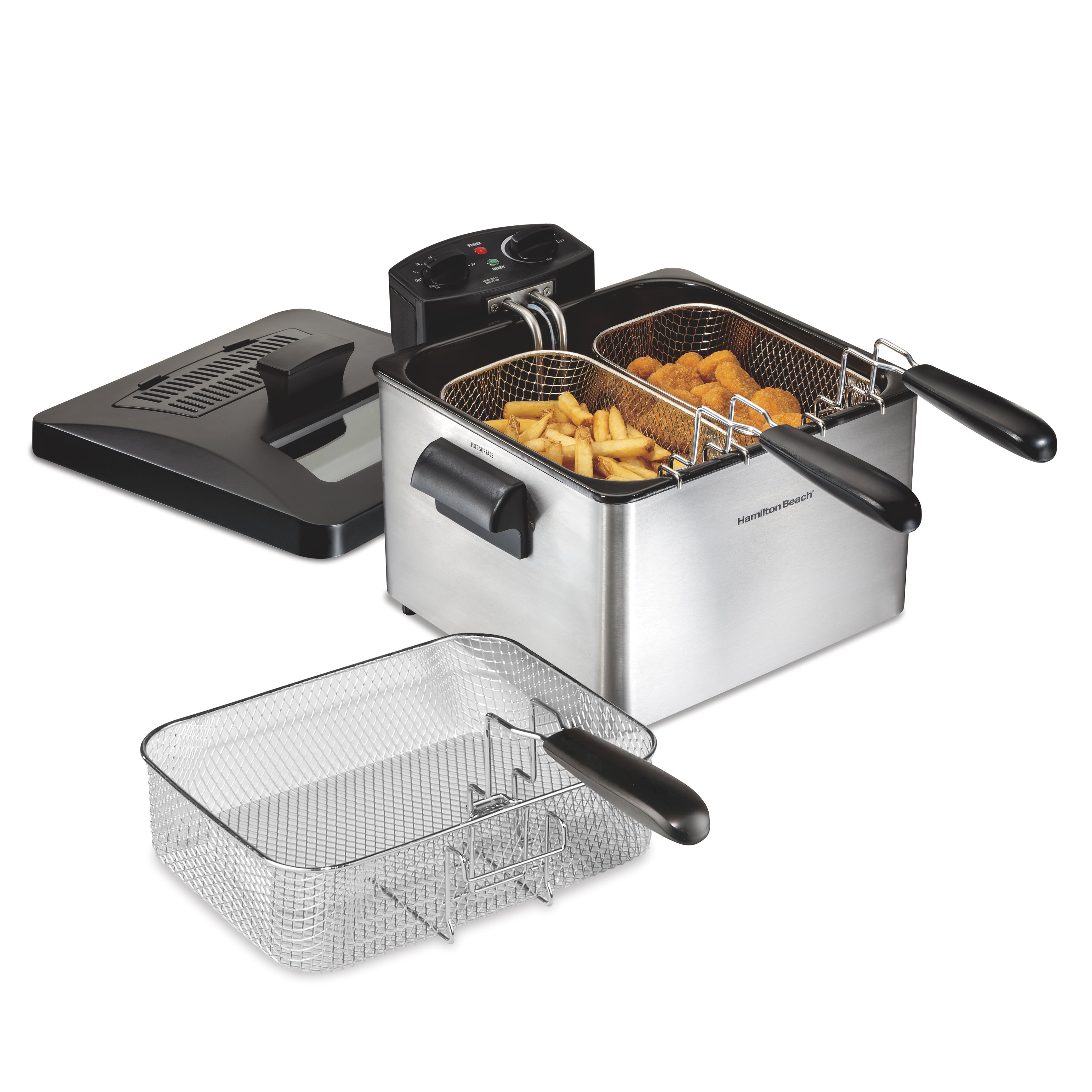 Hamilton Beach Professional-Style Deep Fryer with 3 Frying Baskets, 4.7  Quart or 19 Cup Oil Capacity, Lid with View Window, Stainless Steel, 35034