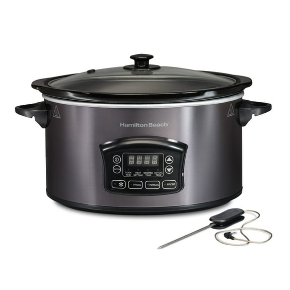 Hamilton Beach 6 Qt Programmable Slow Cooker, Defrost Function, Temperature Probe, Stoneware Crock with Removable Pot, Black