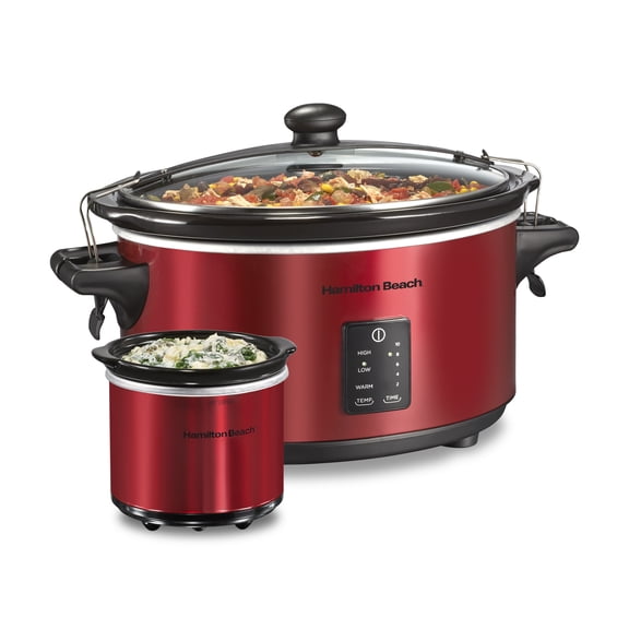 Hamilton Beach 7 Qt Programmable Slow Cooker, Stoneware Crock with Removable Pot, Includes Party Dipper Food Warmer, Red