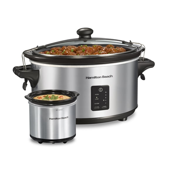 Hamilton Beach 7 Qt Programmable Slow Cooker, Stoneware Crock with Removable Pot, Includes Party Dipper Food Warmer, Stainless Steel