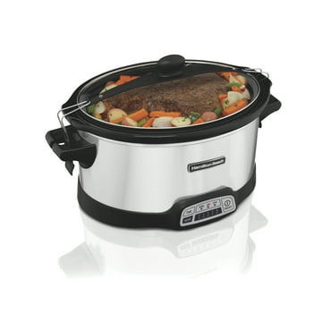 Hamilton Beach Programmable Stay or Go Slow Cooker, 7 Quart Capacity, Lid Lock for portability, Dishwasher Safe Removable Crock, Silver 33576