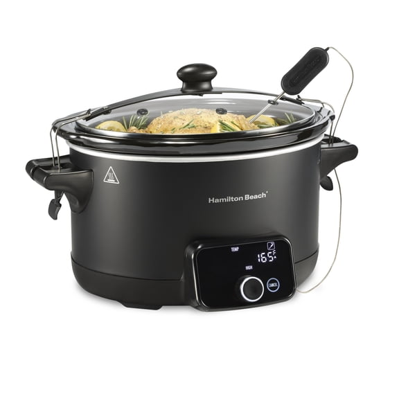 Hamilton Beach Ready, Set, Dinner Programmable Slow Cooker 6 Quart With Temperature Probe, Defrost Function, Clip-Tight Lid For Mess-Free Travel, Dishwasher-Safe Stoneware Crock, Matte Black (33868)