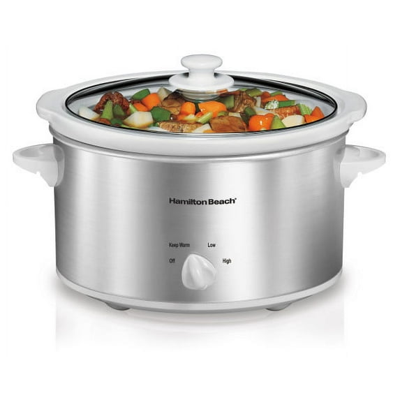 Hamilton Beach 4 Qt Slow Cooker, Stoneware Crock with Removable Pot, White and Silver
