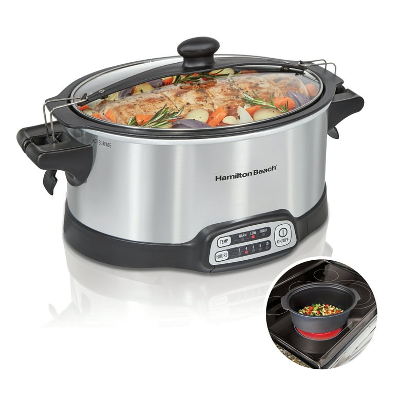 Hamilton Beach Stay or Go Sear and Cook Programmable Slow Cooker, 6 Quart  Capacity, Clip Tight Lid for Portability, Removable Crock, Silver, 33663 