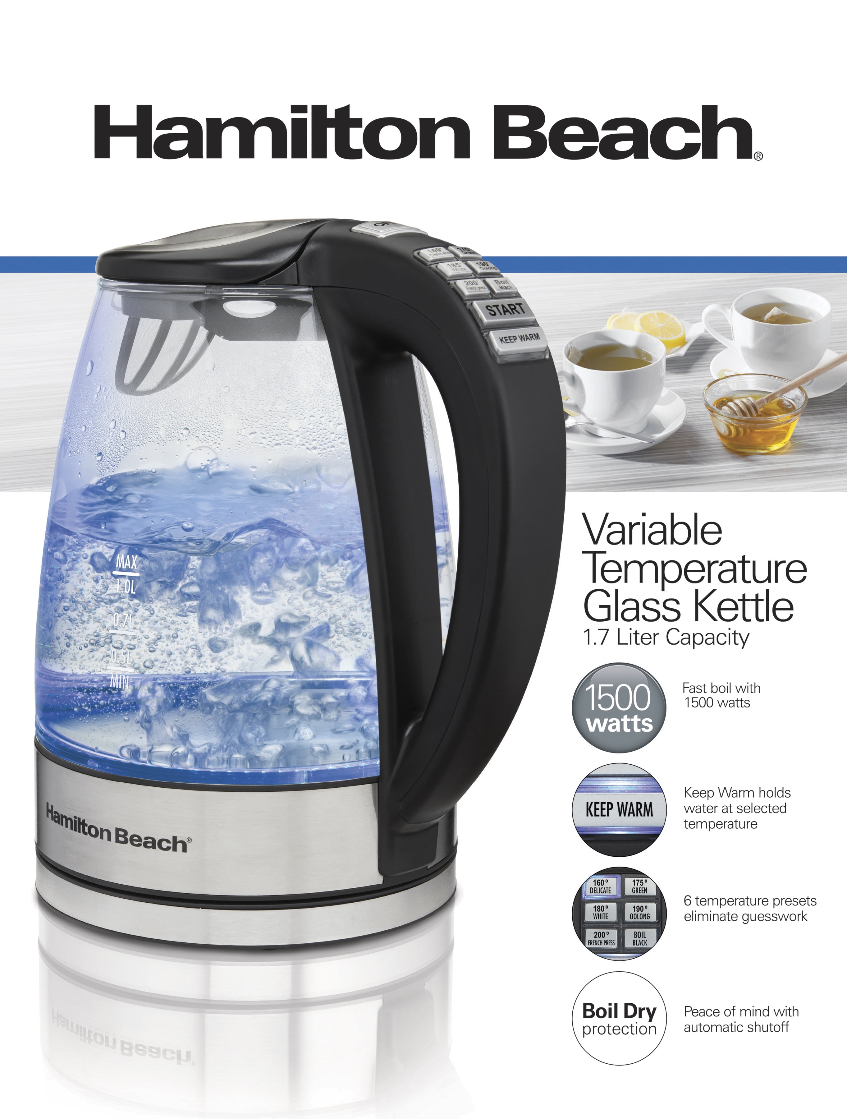 Hamilton Beach Variable Temperature Electric Kettle, 1.7 Liter Capacity,  Black Stainless Steel, 41027