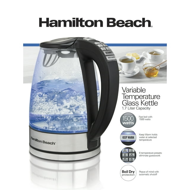 Hamilton Beach Variable Temperature Glass Kettle, 1.7 Liter, 40943