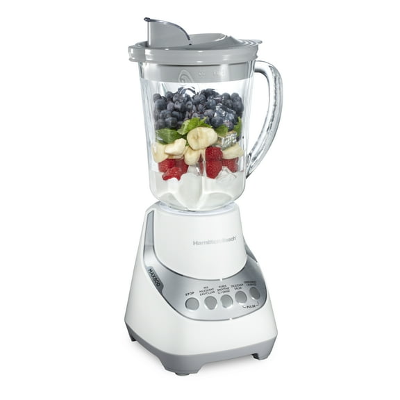 Hamilton Beach Quiet Glass Jar Blender, 48 oz. Jar, Stainless Steel Blade, High Speed, Great for Shakes and Smoothies, Ice Crusher, 12 Functions, White