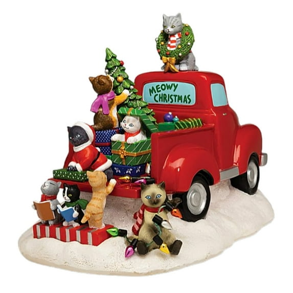 The Hamilton Collection Meowy Christmas Figurine by Blake Jensen Handcrafted Holiday Decor Features 8 Festive Cats on a Vintage Red Truck with Glitter & Metallic Accents 7.25-inches