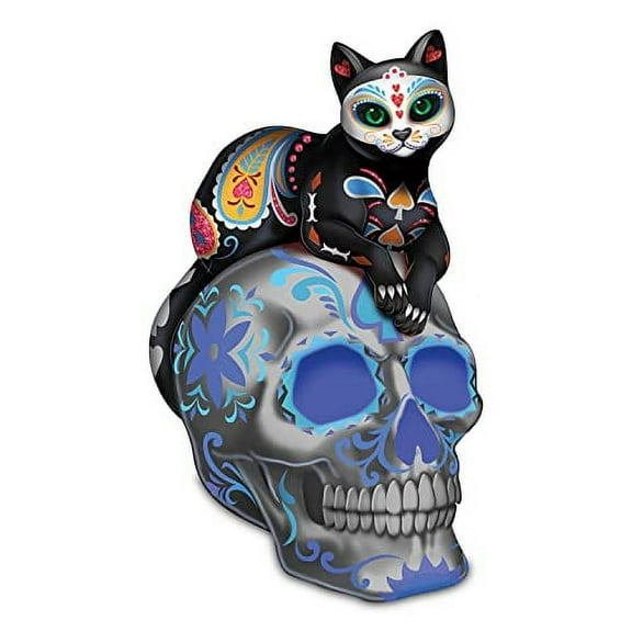 The Hamilton Collection Purr-cious Loving Spirit Day of The Dead Sugar Skull Cat Figurine Adorned with Hand-Set Faux Jewels and Glow-in-The-Dark Accents