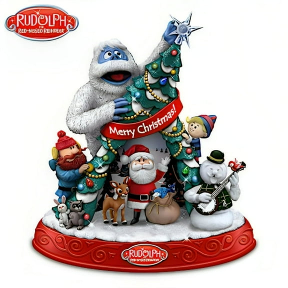The Hamilton Collection Rudolph the Red-Nosed Reindeer Merry Christmas from Rudolph and Friends Figurine Expertly Crafted Illuminated Christmas Decoration 8-inches