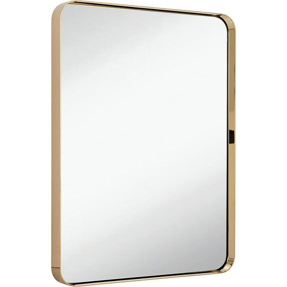 Hamilton Hills Contemporary Polished Metal Wall Mirror | Glass Panel Polished Gold Framed Rounded Corner Deep Set Design | Mirrored Rectangle Hangs Horizontal or Vertical (22" x 30")