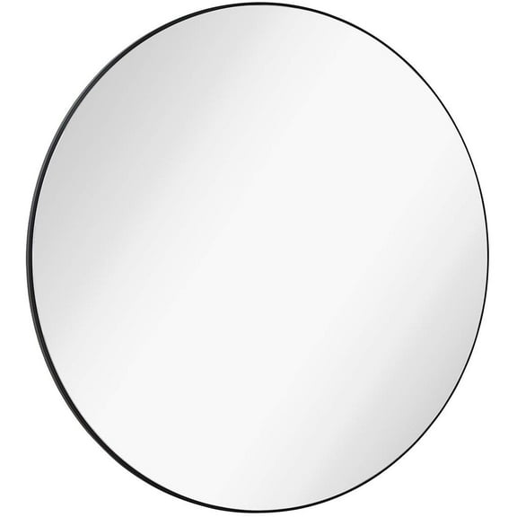 Hamilton Hills Contemporary Thin Black Edge Circular Wall Mirror | Glass Panel Rounded Circle Design Vanity Mirror (24" Round)