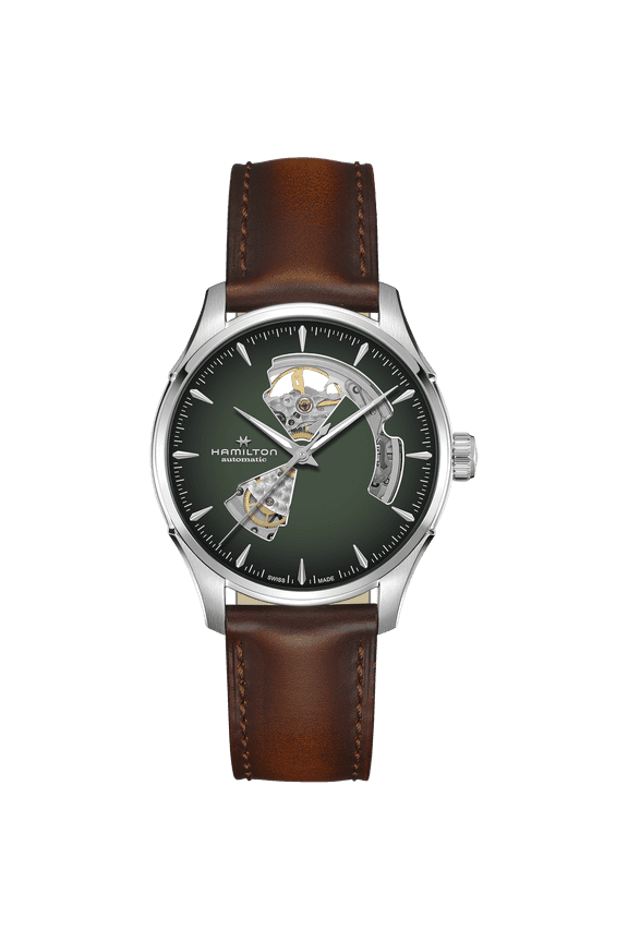 Jazzmaster Open Heart Automatic Green Dial Brown Leather Strap Men's Watch H32675560