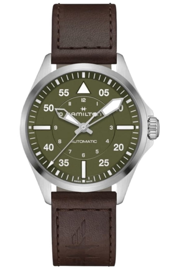 Khaki Aviation Pilot Auto 39mm Green Dial Brown Leather Strap Men's Watch H76305560