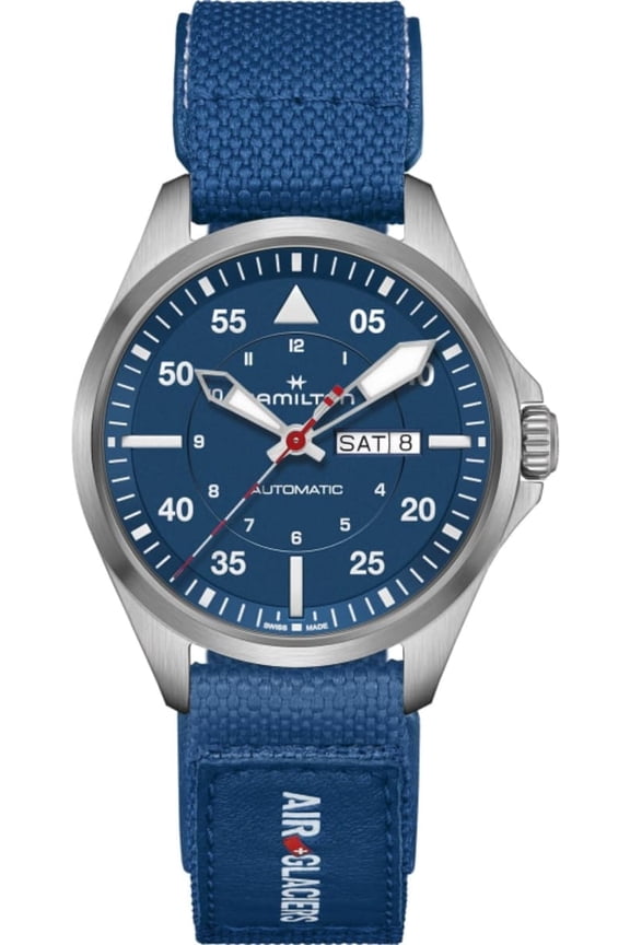Khaki Aviation Pilot Day Date Auto Air-Glaciers Edition Blue Dial Fabric Strap Men's Watch H64655941