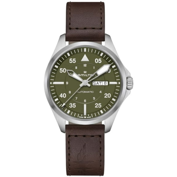 Hamilton Khaki Aviation Pilot Day Date Auto Green Dial Brown Leather Strap Men's Watch H64635560