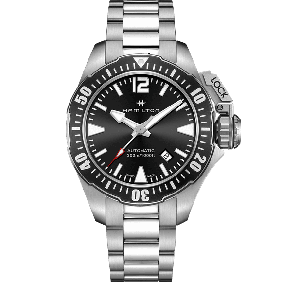 Hamilton Men's Frogman Khaki Navy 42mm Steel Bracelet & Case Automatic Black Dial Analog Watch H77605135