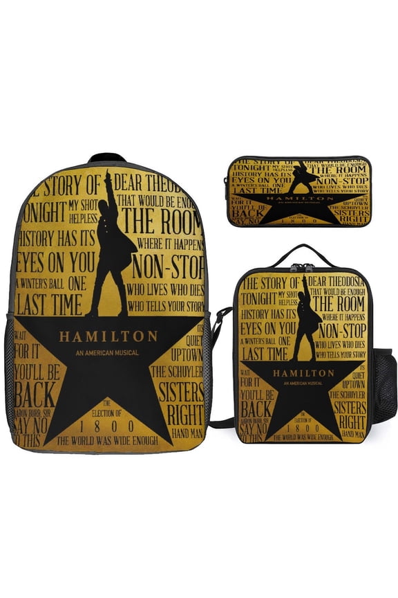 Hamilton The Musical 3 Piece Backpack Set with Lunch Bag Pencil Case, High Capacity Bookbag with Lunch Box Pen Box for Man Women Workplace Travel