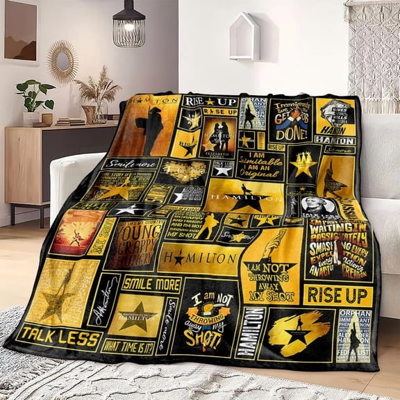 Hamilton Musical Theme Flannel Slogan Print Blanket, Soft Skin-Friendly Warm, Retro Modern Style, Perfect for Daily Use, Art Lover Gift