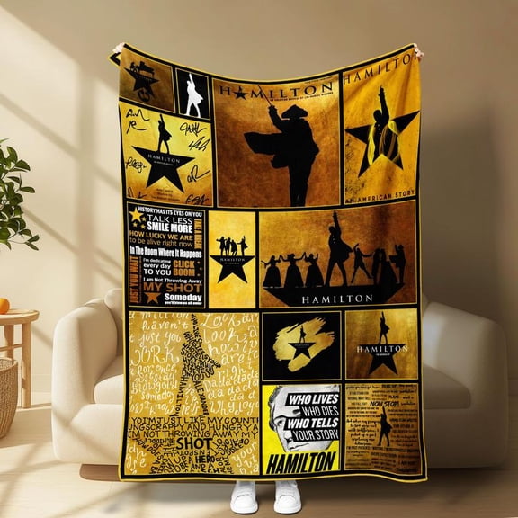 Hamilton Musical with Collage Design, Golden Background & Iconic Silhouettes, Slogan Print Blanket, Cozy Lightweight Throw for Sofa Bed Travel Gift