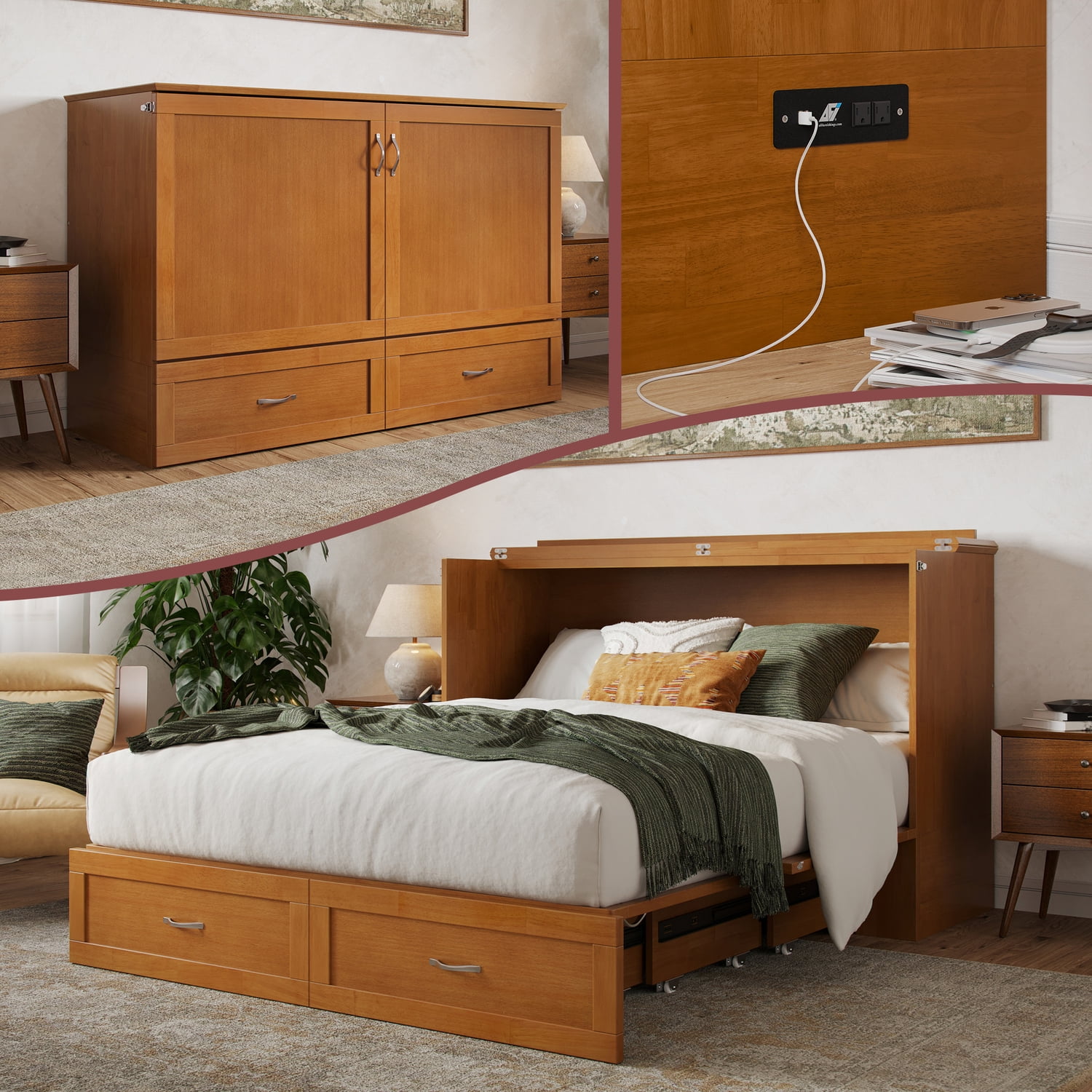 Hamilton Queen Wood Murphy Bed Chest with Mattress and Storage in Light Toffee