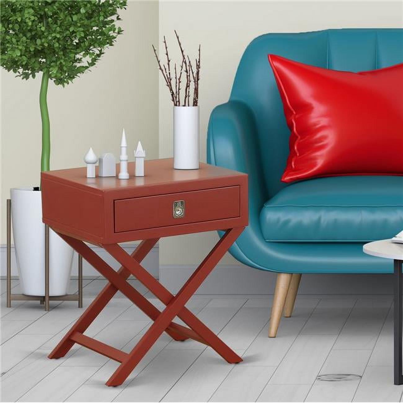 Burgundy Red Rubberwood Nightstand with Drawer