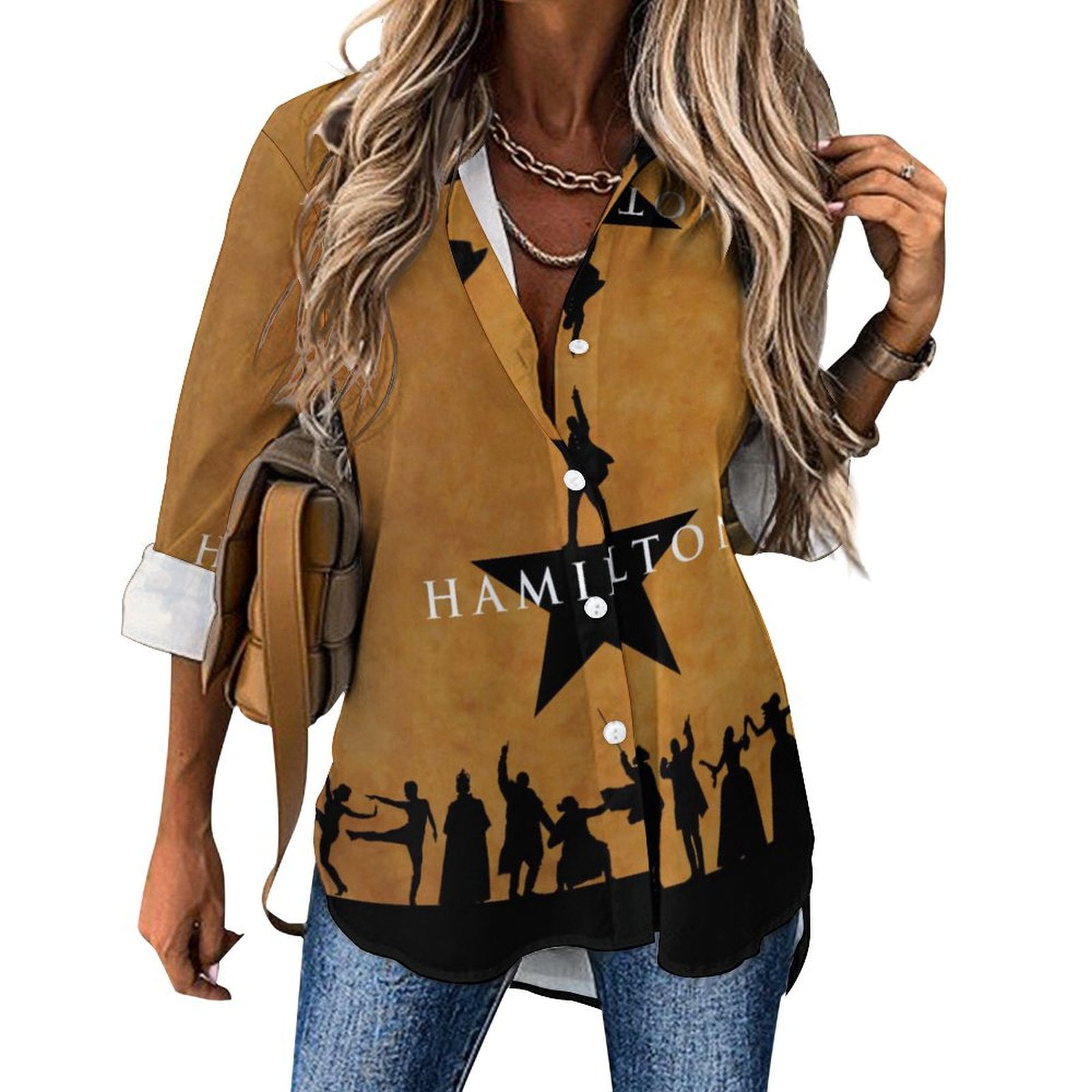 ZXSXSY Rhinestone Fringe Button Down Shirts for Women Rolled