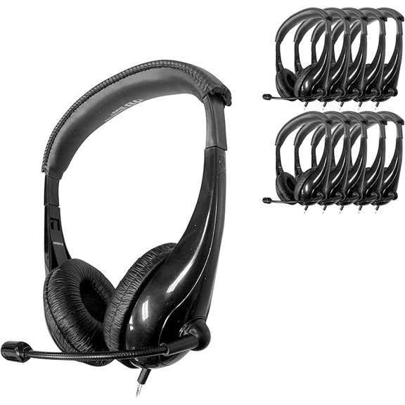 HamiltonBuhl Motiv8 MidSized Multimedia Headset  InLine Volume Control, Steel Gooseneck Microphone, 3.5mm SlimBarrel Plug, Leatherette Cushions, DuraCord  Black Classroom Headset (10 Pack)
