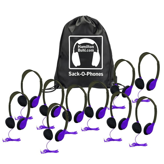 HamiltonBuhl Sack-O-Phones, 10 Personal Headphones in a Carry Bag, Purple