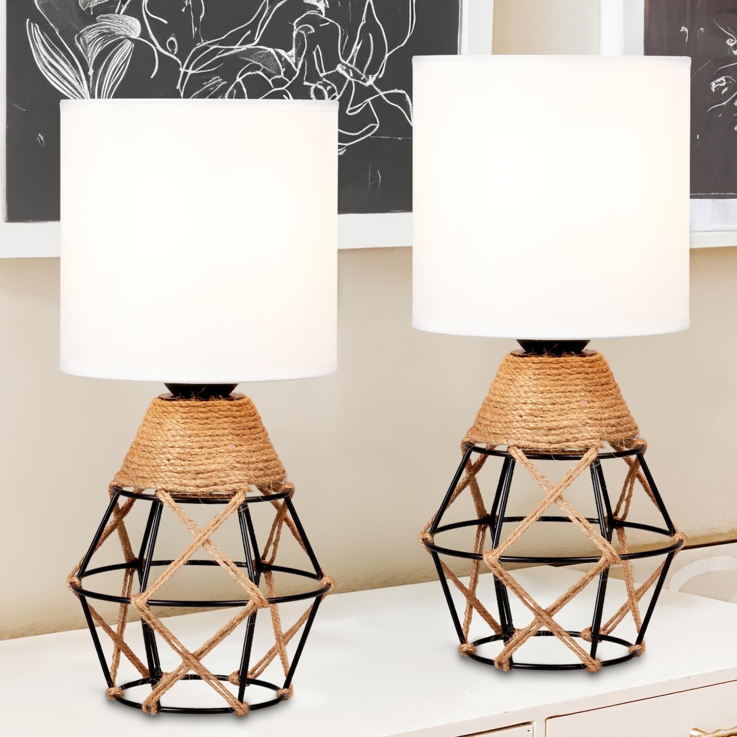 Hamilyeah Table Lamps Set of 2, Woven Lamps for Nightstand with On/Off
