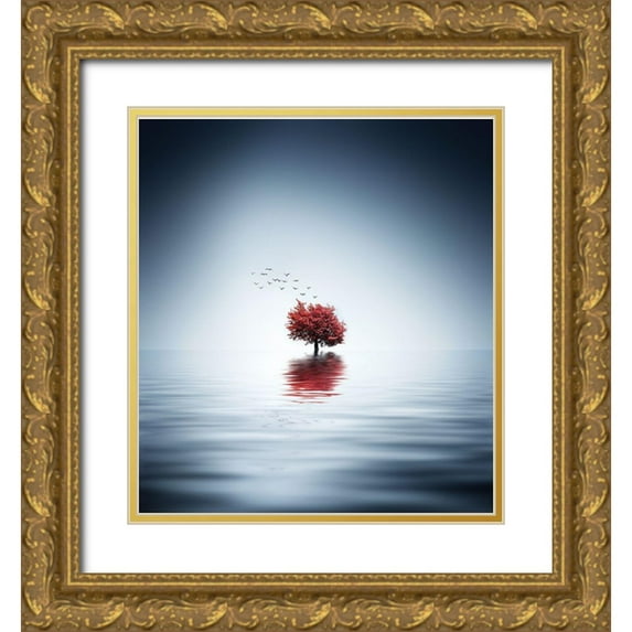Hamiti, Bess 26x28 Gold Ornate Wood Framed with Double Matting Museum Art Print Titled - Autumn Trees Reflected Blue Lake