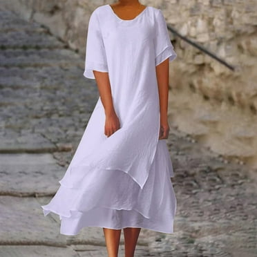 Hamky A Line Dresses Maxi Dress Linen Dress Women's Solid Round Neck Buttonless Cotton And Linen Irregular Flowing Hem Long Casual Dress Modest Dresses Casual Dresses Purple Dress L