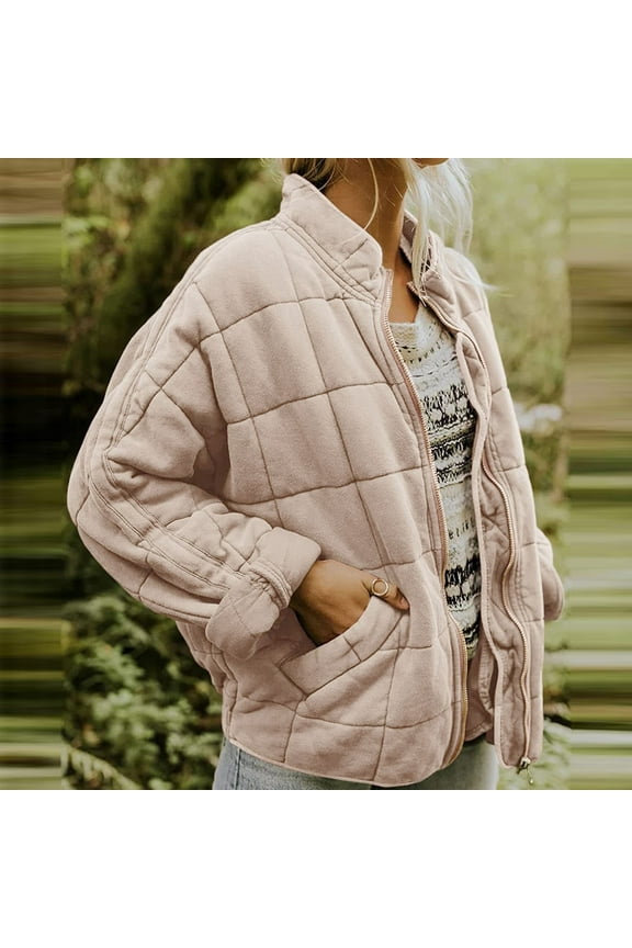 Coats for Women Jackets for Women Winter Coats For Women Warm Coat Loose Plain Quilted Coat Stand Collar Zip Up Jacket Outerwear With Pocket Winter Jackets Light Weight Jackets Womens Khaki L