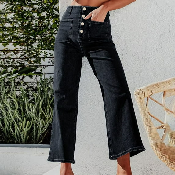 Hamky Jeans for Women Barrel Jeans Women Women's Wide Leg Jeans High Waisted Stretchy Straight Leg Jeans Buttoned Loose Denim Pants With Pocket Baggy Pants Work Pants Women Black L