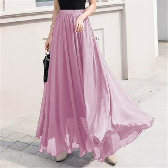 Hamky Skirts for Women Maxi Skirt Fall Skirt Summer Women's Solid Color Chiffon Skirt Women's High Waist Long Skirt High Waisted Skirts A Line Skirt Pink Skirt M