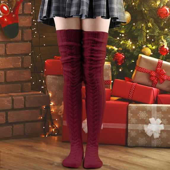 Hamky Thigh High Stockings,Fuzzy Socks,Knit Leg Stocking Thigh Long Warmers Knee Cable Women Boot Socks Over Extra Socks,Fluffy Socks,Knee High Socks Wine