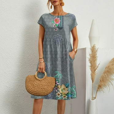 Hamky Tshirt Dress Midi Dress Short Sleeve Dress 2025 New Women's Round Neck Dress Casual And Comfortable Cotton Short Sleeves Beach Dress With Pockets Summer Dress Casual Dresses Gray Dress 3XL